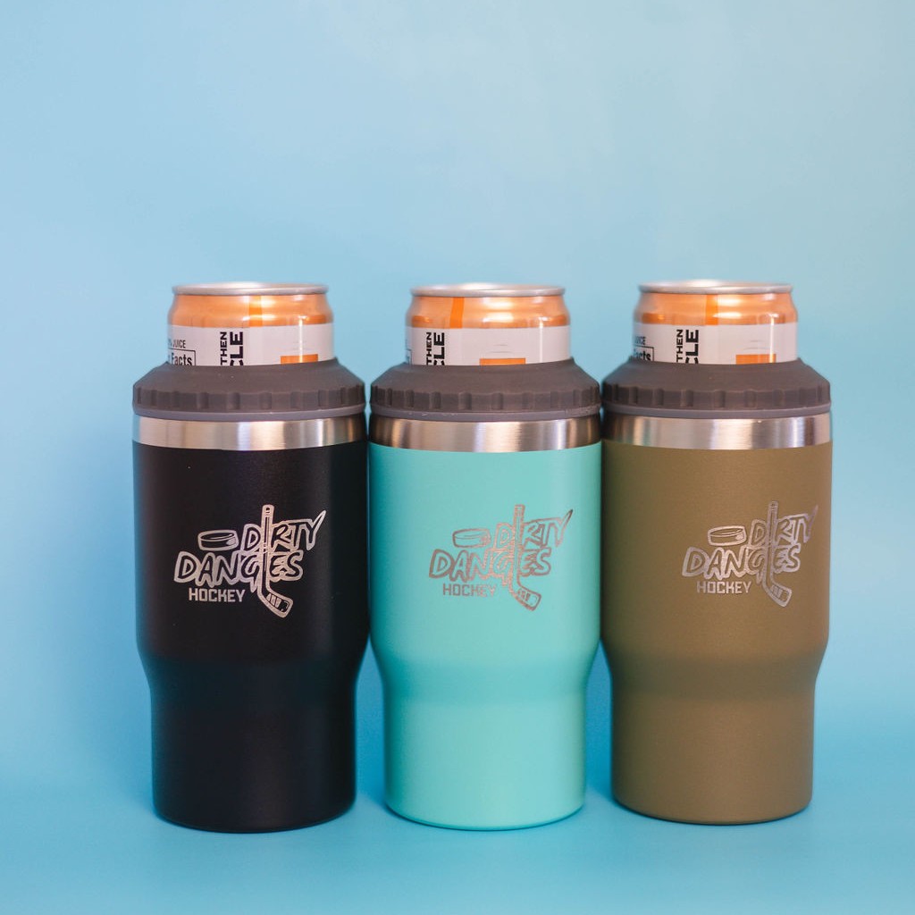3 Dirty Dangles 4 in 1 insulated drink tumbler can coolers on a blue background. Black, Neon blue and Tactical Green