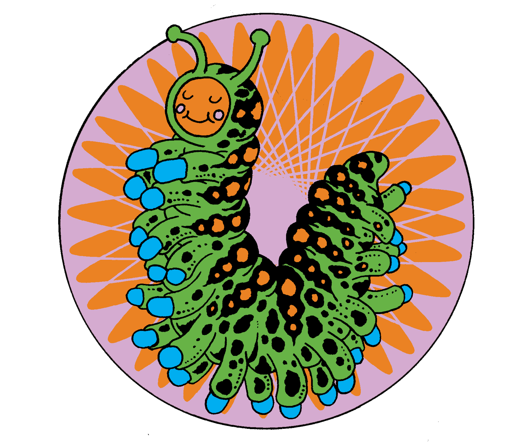 Brian Blomerth's design of a large green caterpillar with blue feet and an orange and pink circular background