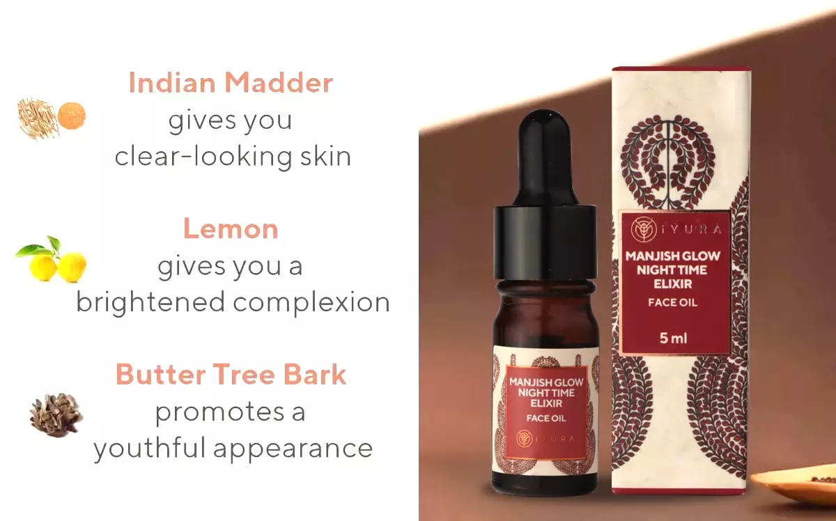 3 Key Ingredients: Indian Madder - gives you clear-looking skin; Lemon - gives you a brightened complexion & Butter Tree Bark - promotes a youthful appearance shown with a bottle of iYURA Manjish Glow Elixir