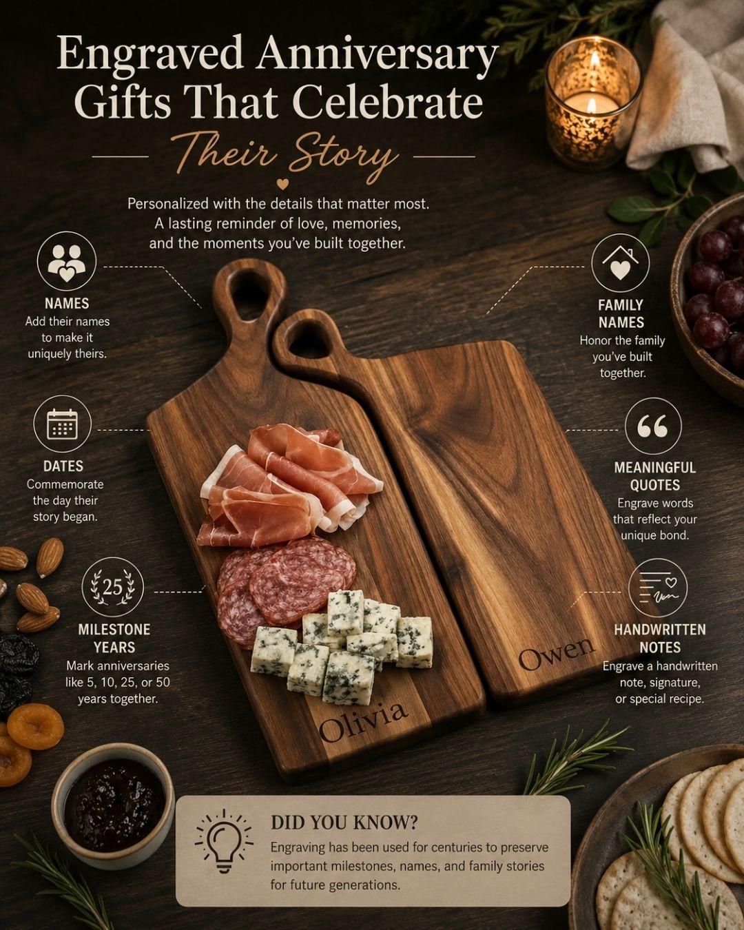 Personalized walnut nesting charcuterie boards engraved with names, dates, milestone years, family names, quotes, and handwritten notes for anniversary gifts.