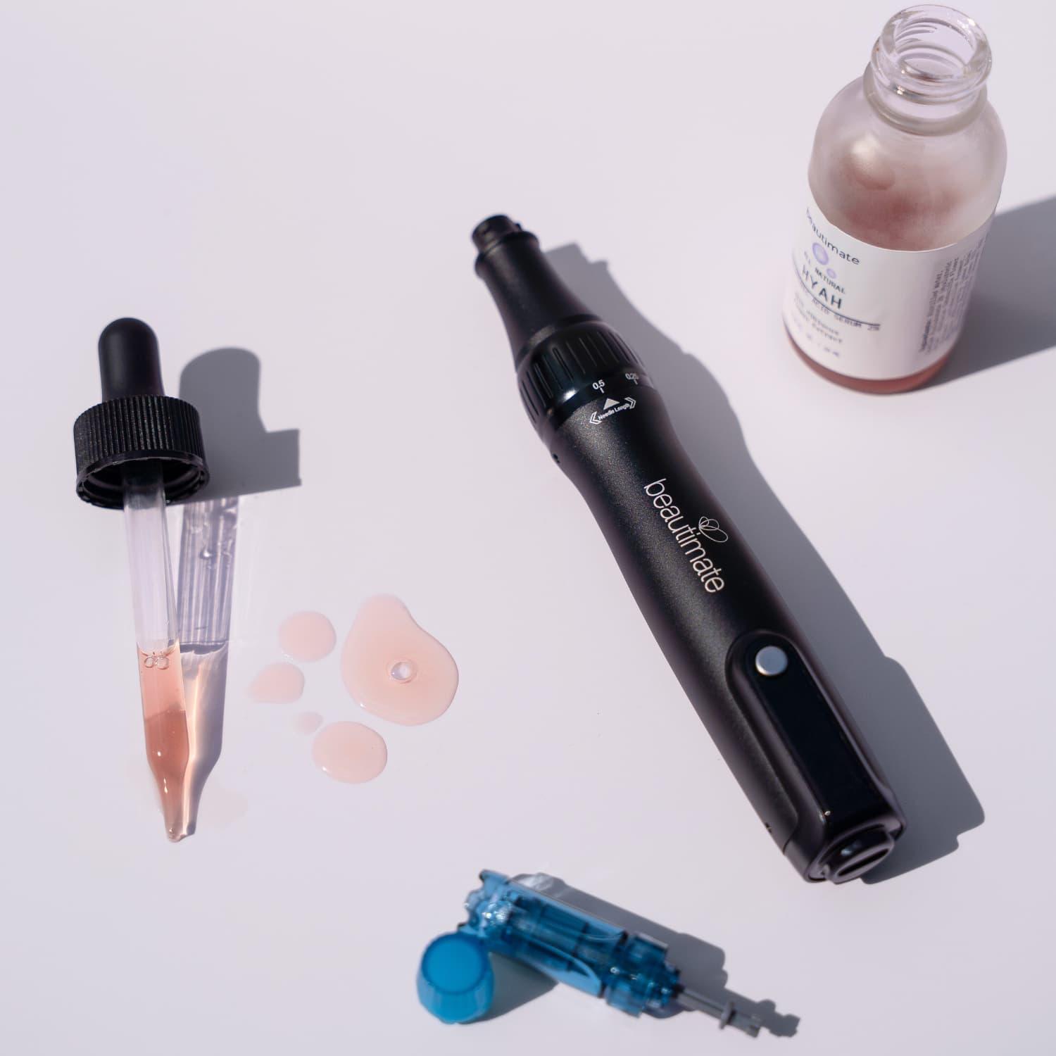 beautimate microneedle pen with cartridges and hyaluronic acid serum for glowing radiant skin