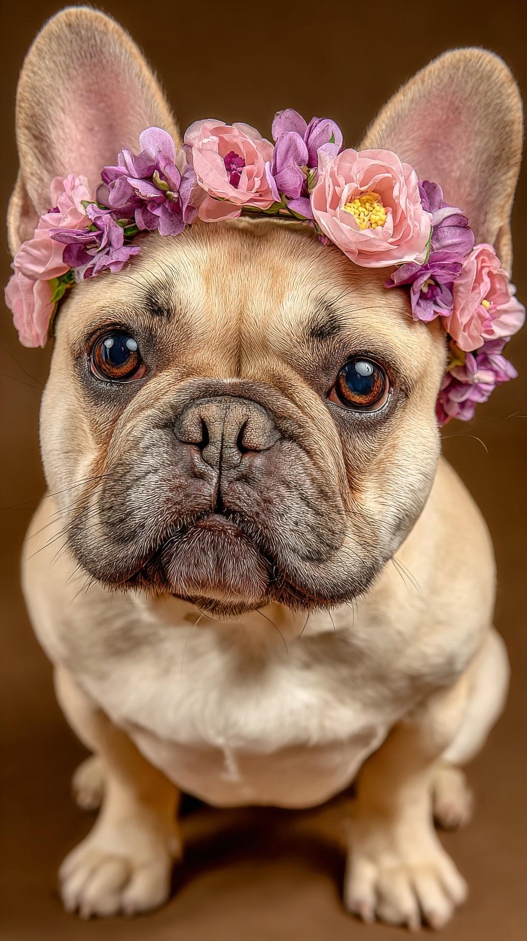A charming French bulldog is posed in a studio with a simple brown backdrop, showcasing a beautiful floral crown made of pink flowers adorning its head.
