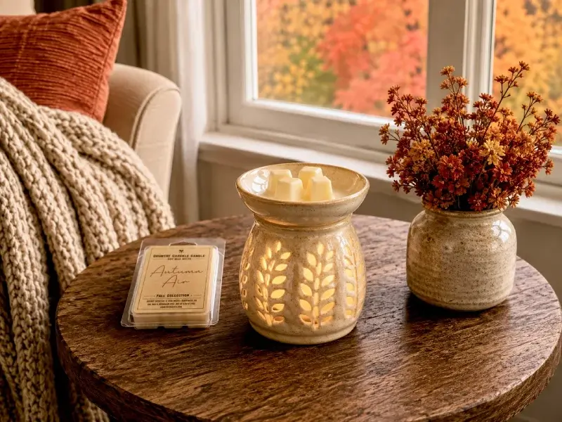 autumn air soy wax melt cubes in a wax melter with fall themed interior scene