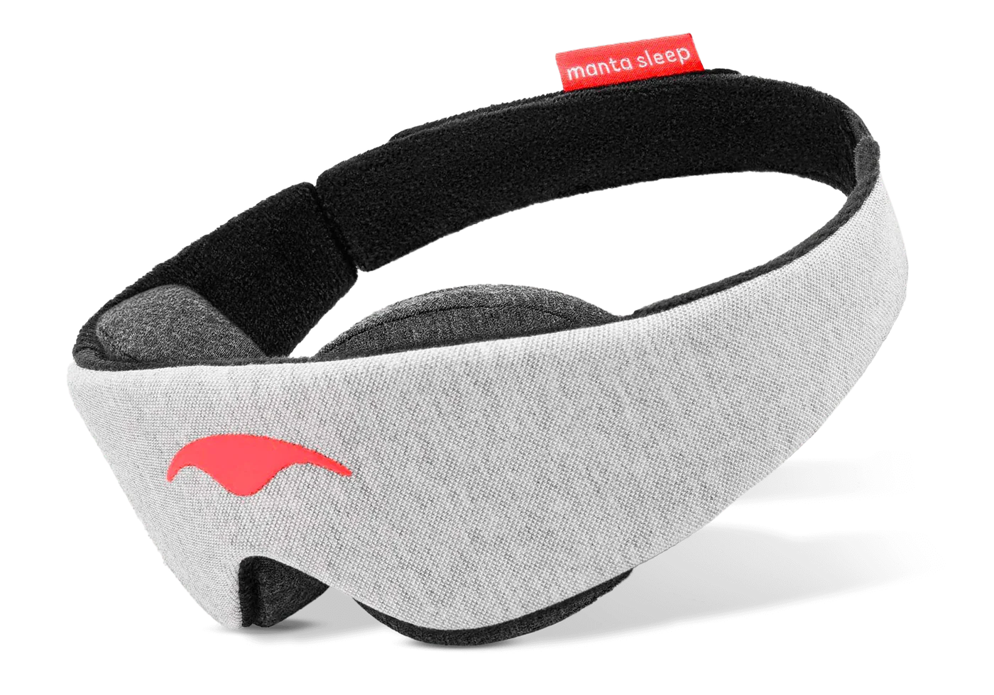 A gray sleep mask with eye cups for naps, an effective light-blocking sleep product for new parents.