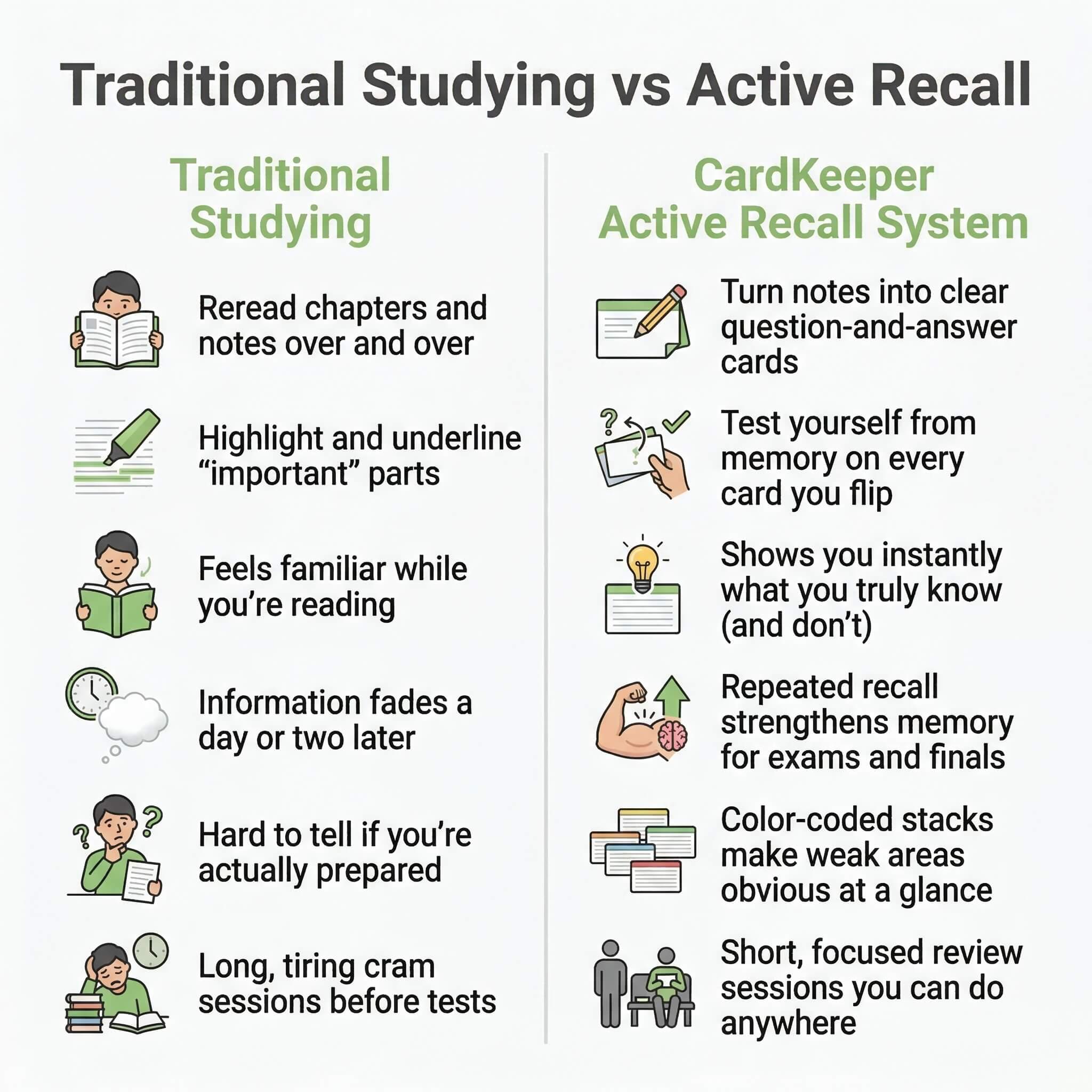 Comparison chart: traditional studying (rereading, highlighting, fading memory) vs CardKeeper Active Recall (question‑and‑answer cards, self‑testing, stronger exam memory, color‑coded stacks, short focused sessions).
