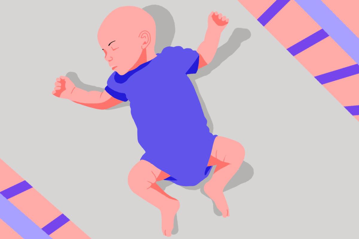 An infant lying on their back in the safest baby sleeping position.