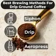 Scoop of drip-ground coffee with icons showing recommended brewing methods like drip, siphon, and Aeropress — Lone Wolf Coffee