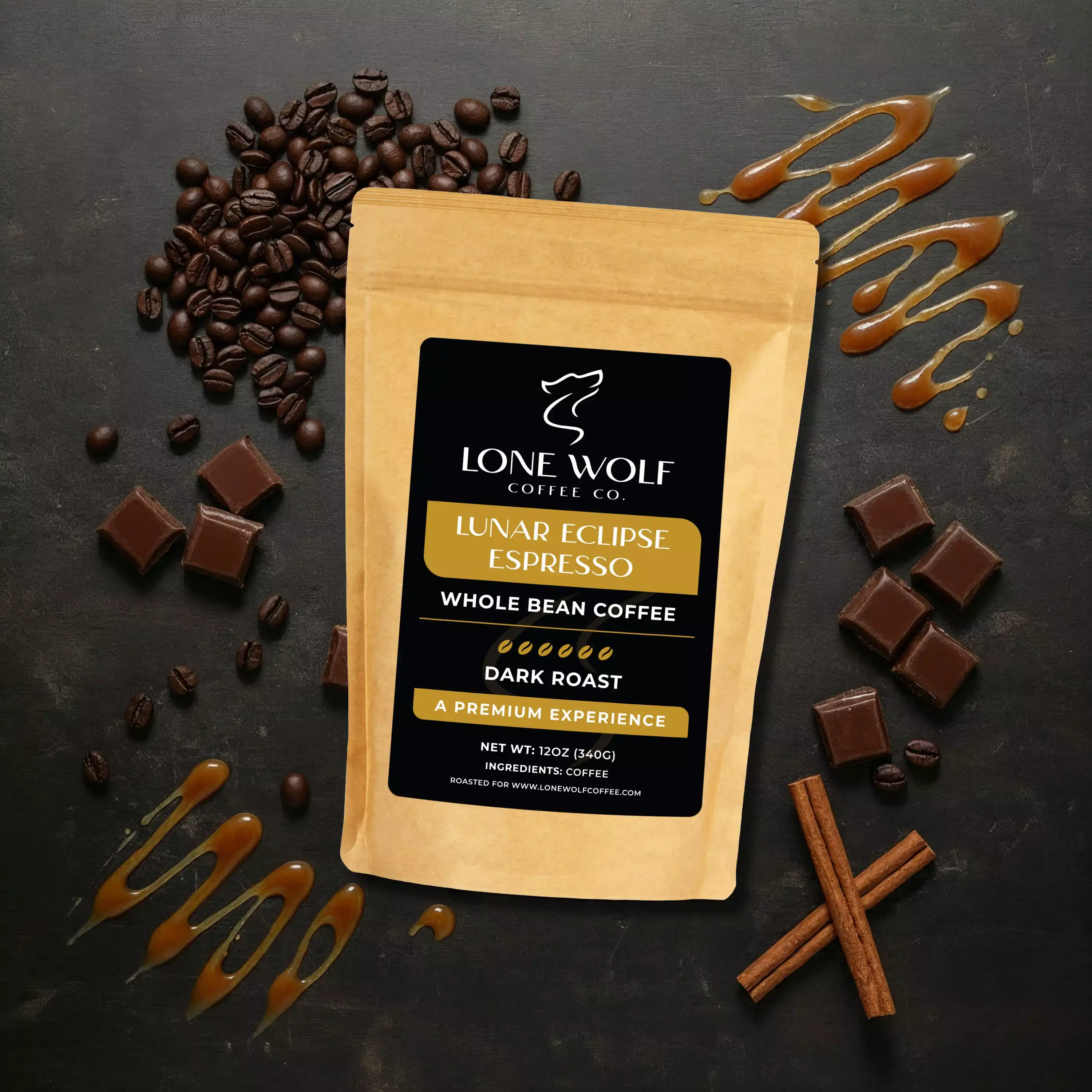 Lunar Eclipse Espresso whole bean flavor profile image showing Lone Wolf Coffee with cocoa richness, spice notes, and caramelized sugar.