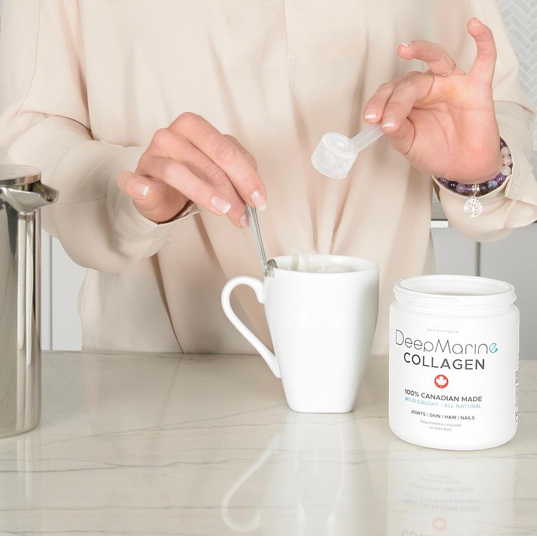 Woman putting DeepMarine Collagen in her coffee