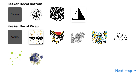 A screenshot of the Prism MINI 3D Custom Bong Builder interface, demonstrating how to browse and select scaled decal designs for a custom modular bong.