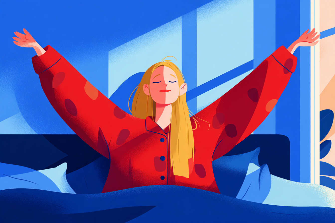 A woman in bed wakes up early with her arms outstretched.