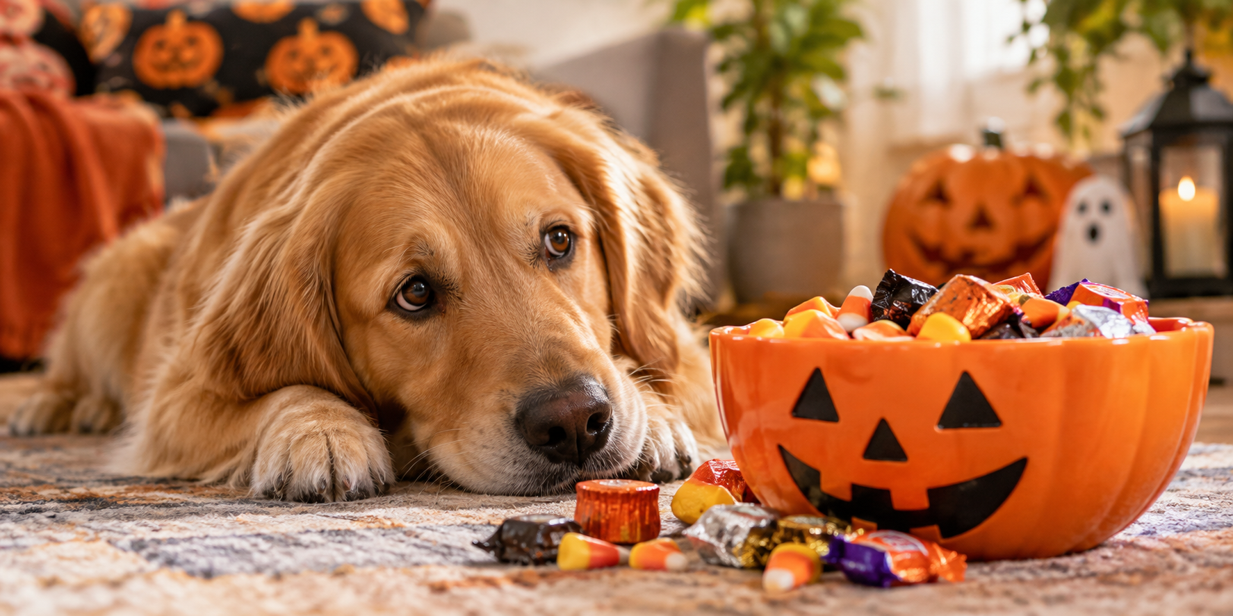 A happy dog sitting beside a festive autumn display featuring Guardian’s Choice NO POO Probiotic Chews and OmegaPaws Chews.