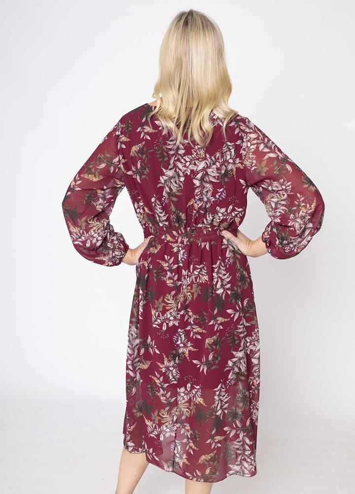 Floral Print Pleat Dress in Wine