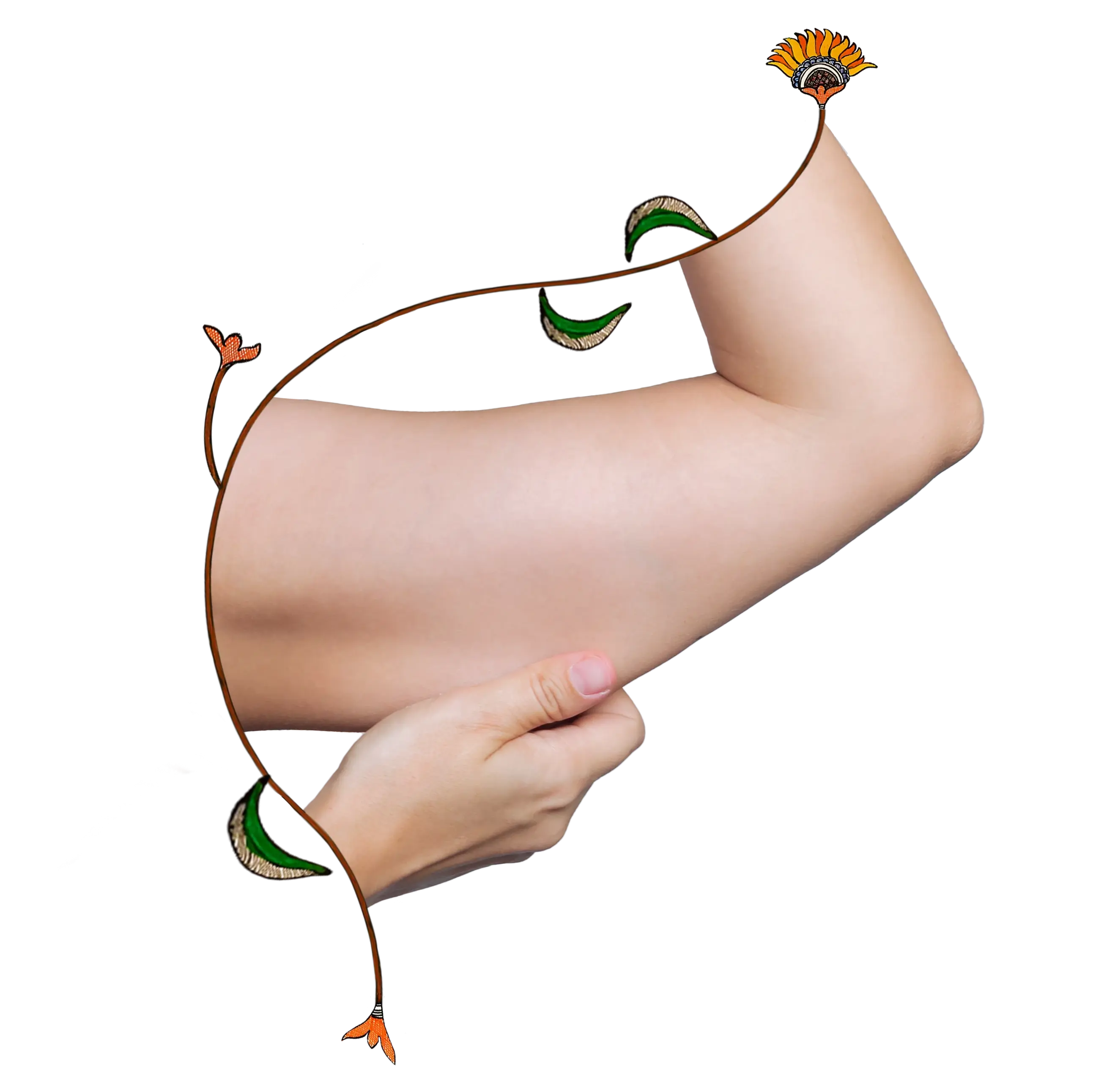 An aesthetic composition of a women's upper arm surrounded by floral artwork