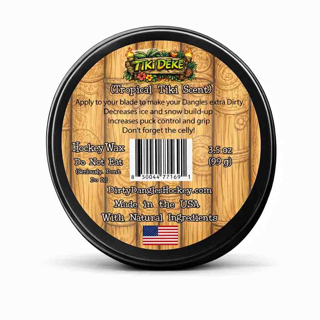 The back of a tin of dirty dangles tiki deke limited edition tropical stick wax on a white background. Tropical Tiki Scent.