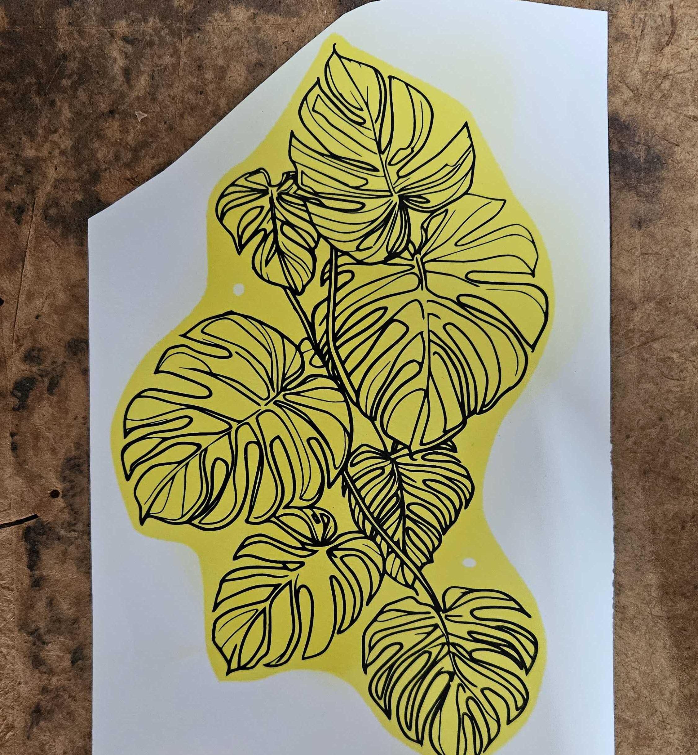An uncut and unfired water-slide decal sheet from the Prism Monstera collection, showing the botanical artwork before being fused onto custom glass bongs.