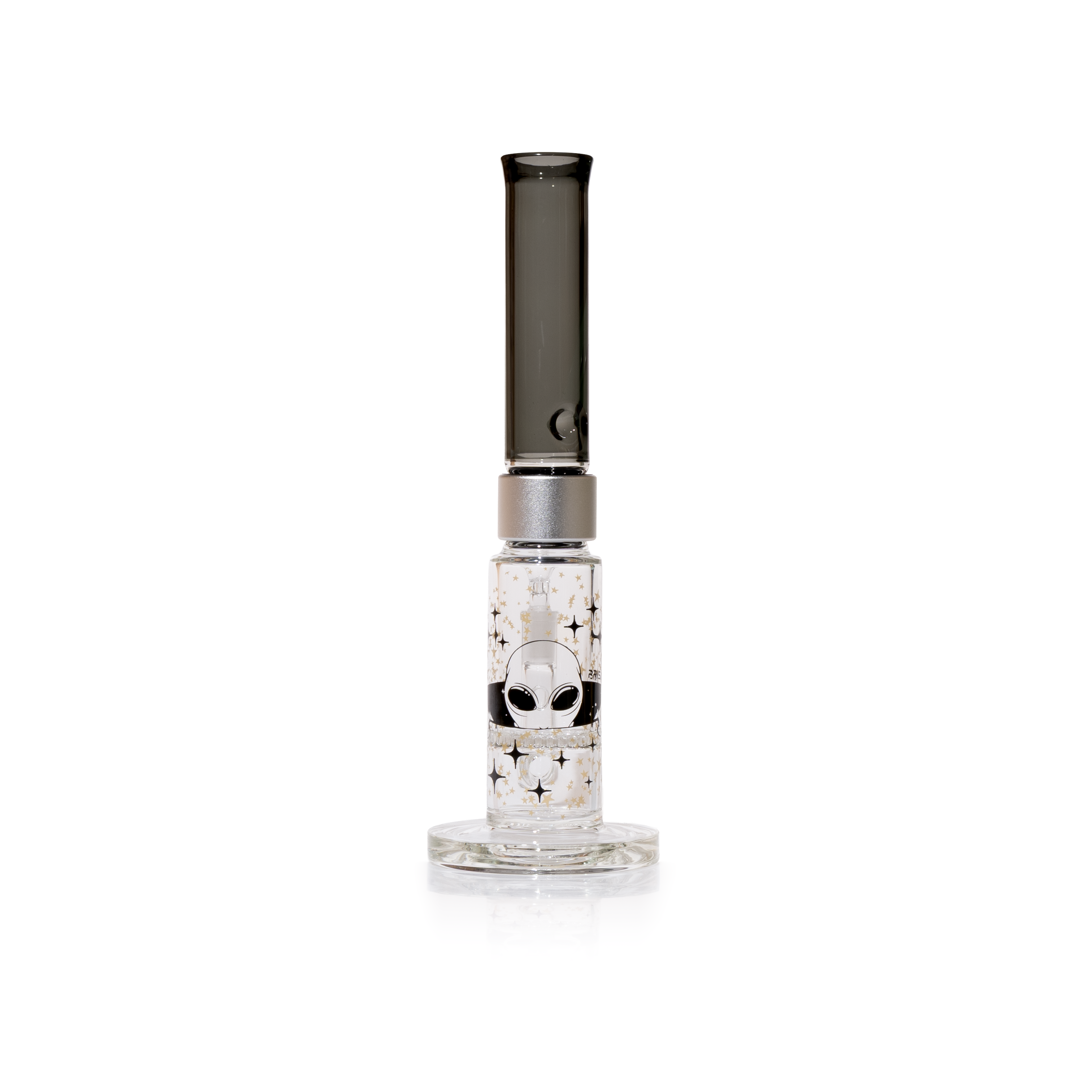 image of a clear Prism mini setup with honeycomb base, midnight mouthpiece, alien decal, and silver halo connector