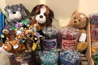 Stuffed animals along side buckets of candy.
