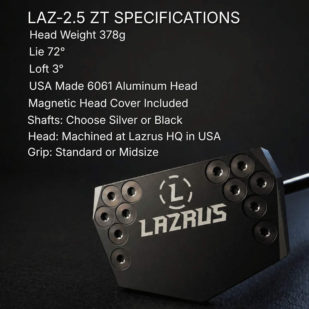 Specifications chart for Lazrus LAZ2.5 zero torque mallet putter including loft, lie, length and head weight