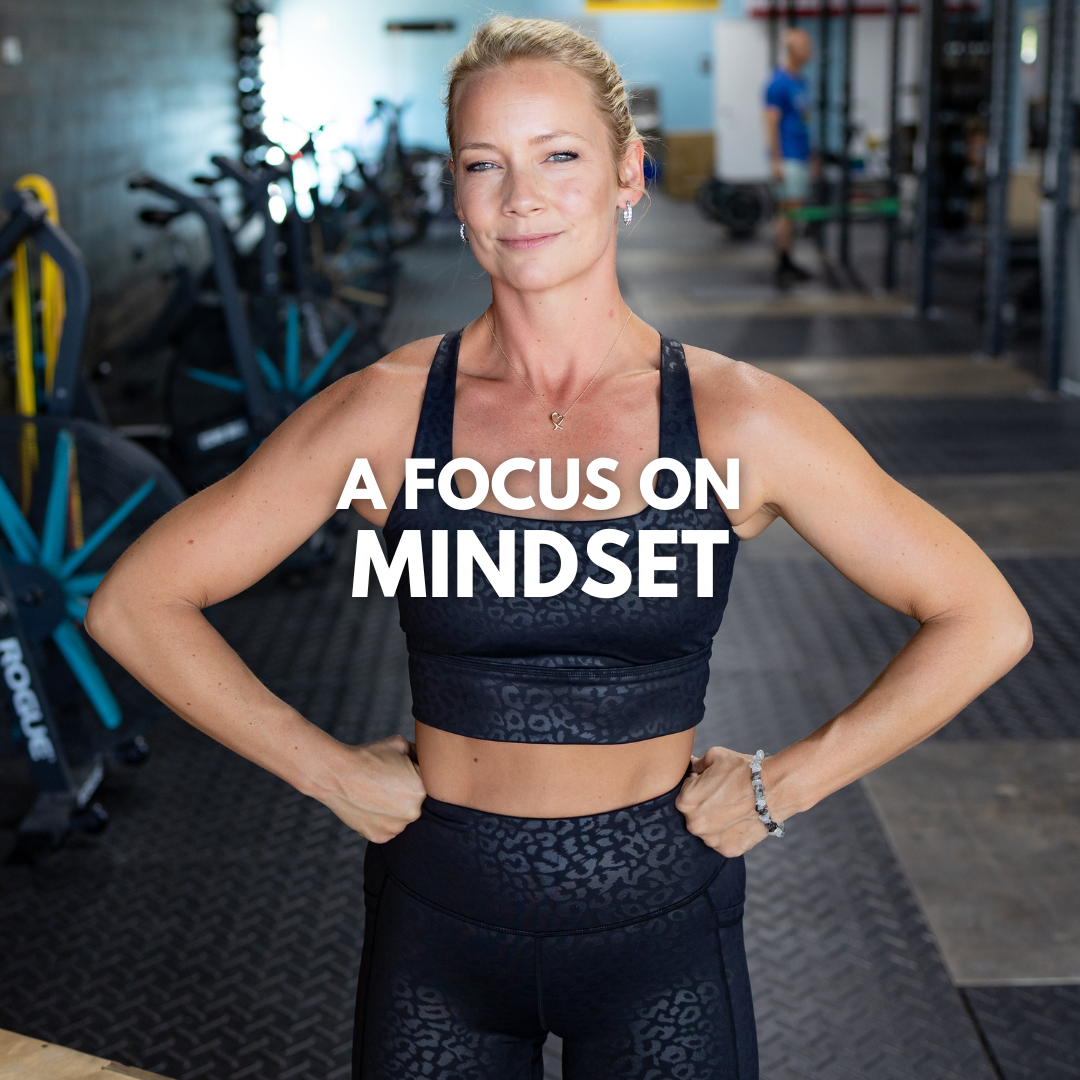 women wearing black leopard print leggings and sports bra posing in the gym with text on screen that says "A FOCUS ON MINDSET"