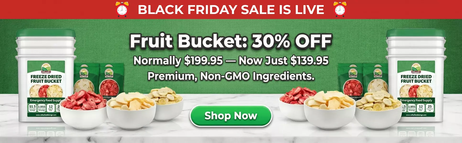 Valley Food Storage Freeze-Dried Fruit Bucket with assorted prepared fruit servings displayed in a Black Friday promotion banner.