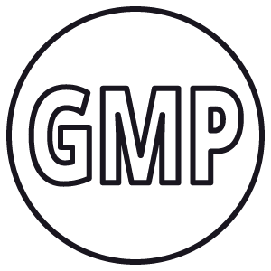 Circle with bold “GMP” letters inside, indicating compliance with Good Manufacturing Practices.