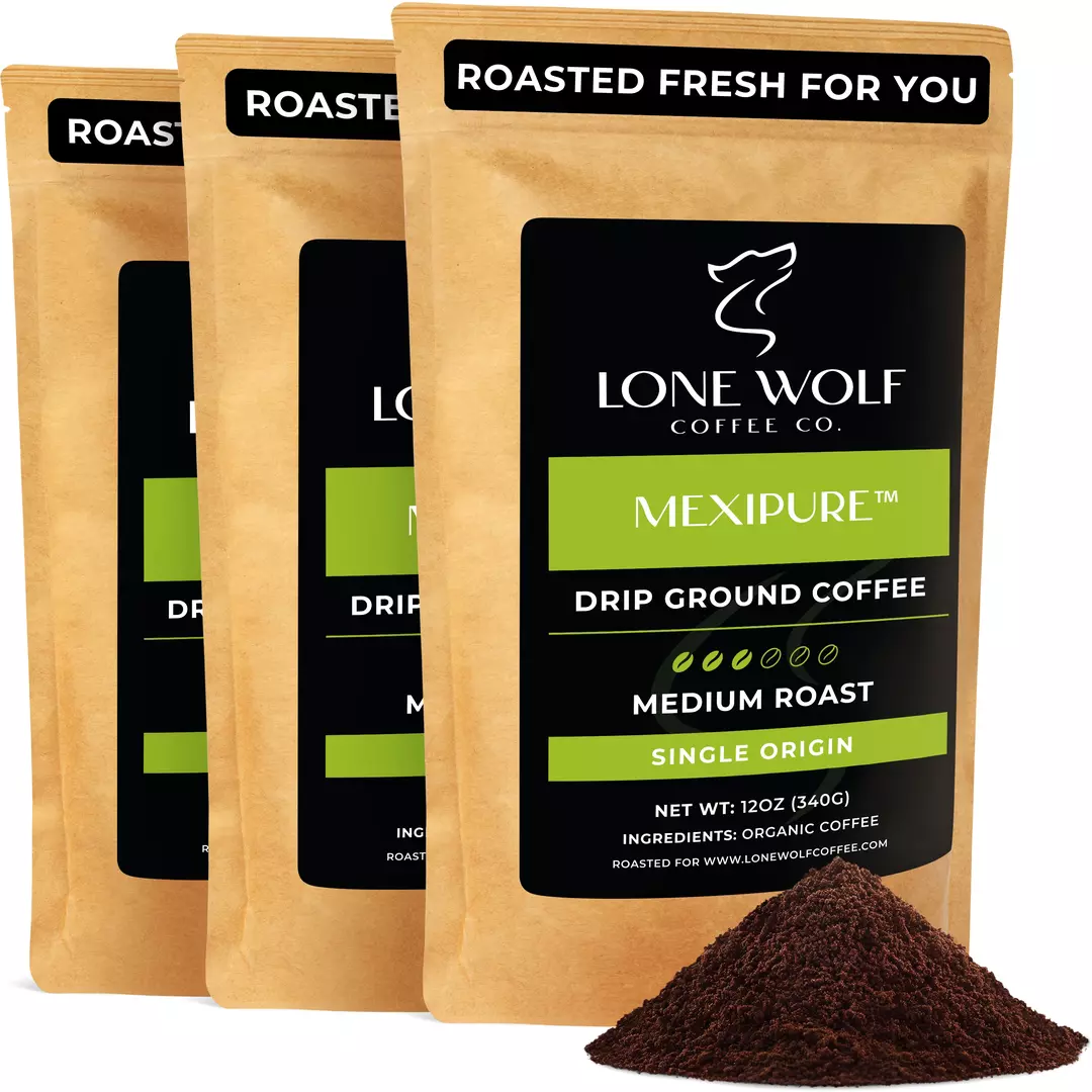 Three 12oz bags of Lone Wolf Coffee’s Mexipure Medium Roast Drip Ground coffee bag product photo