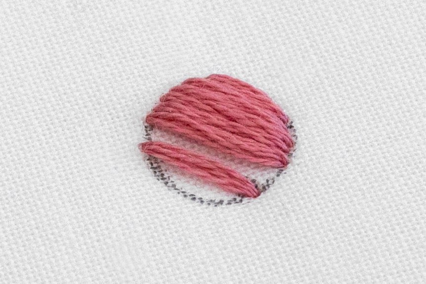 A line of satin stitch is created in the left section of the circle.
