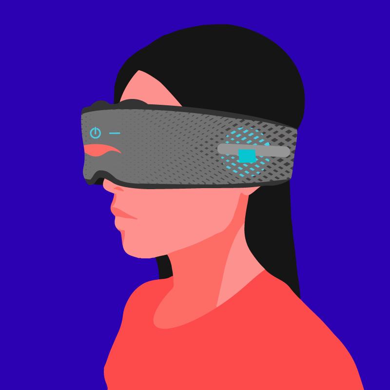 A girl wearing a Bluetooth® mask with eye cups, with the head strap secured at the base of her skull.