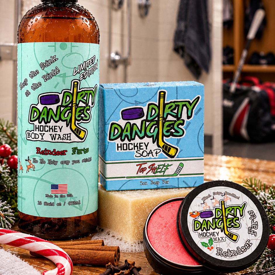 Dirty dangles reindeer farts Christmas stick wax and body wash with top shelf Christmas hockey soap in a hockey locker room with festive Christmas decor.