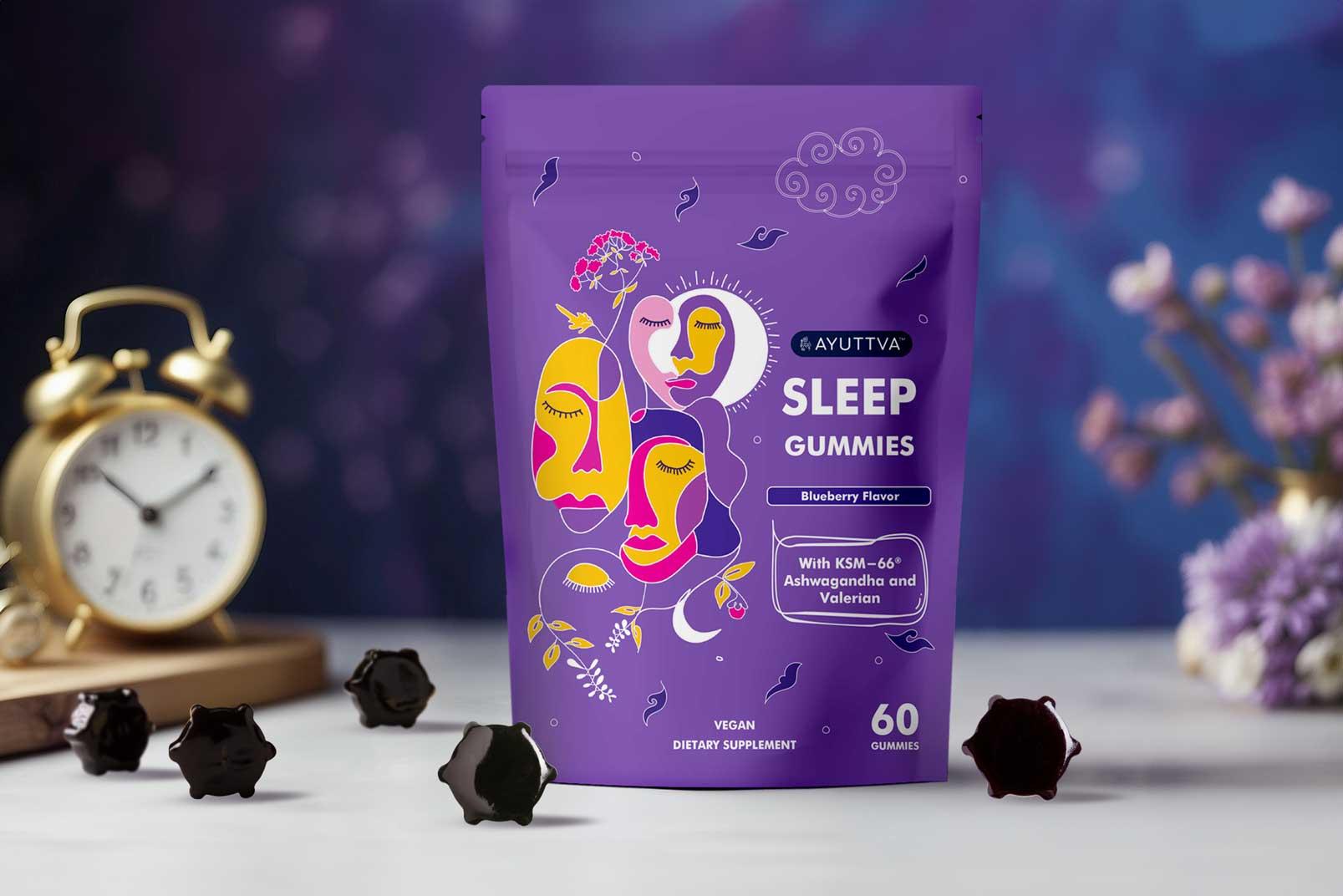 Sleep gummies on a bedside table