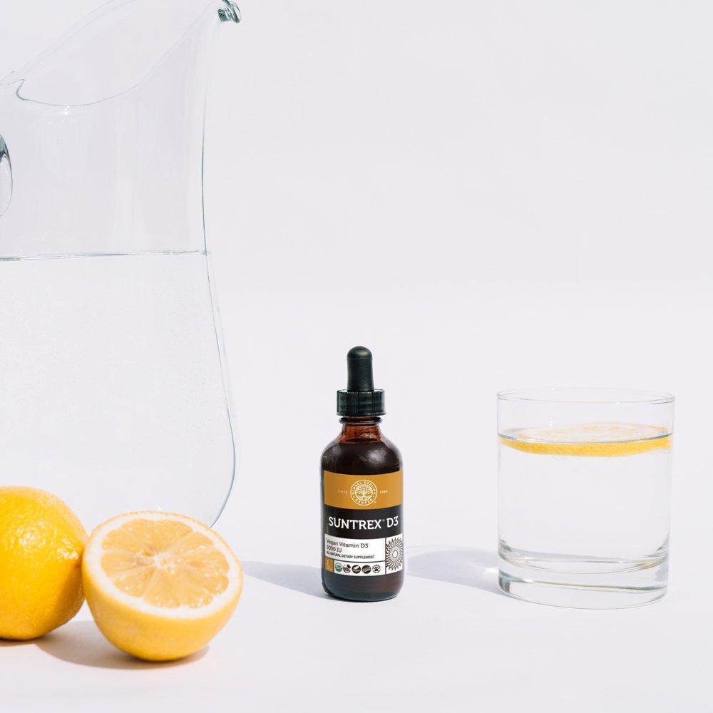 Global Healing Suntrex D3 Vegan Vitamin D3 Bottle With Lemon Water