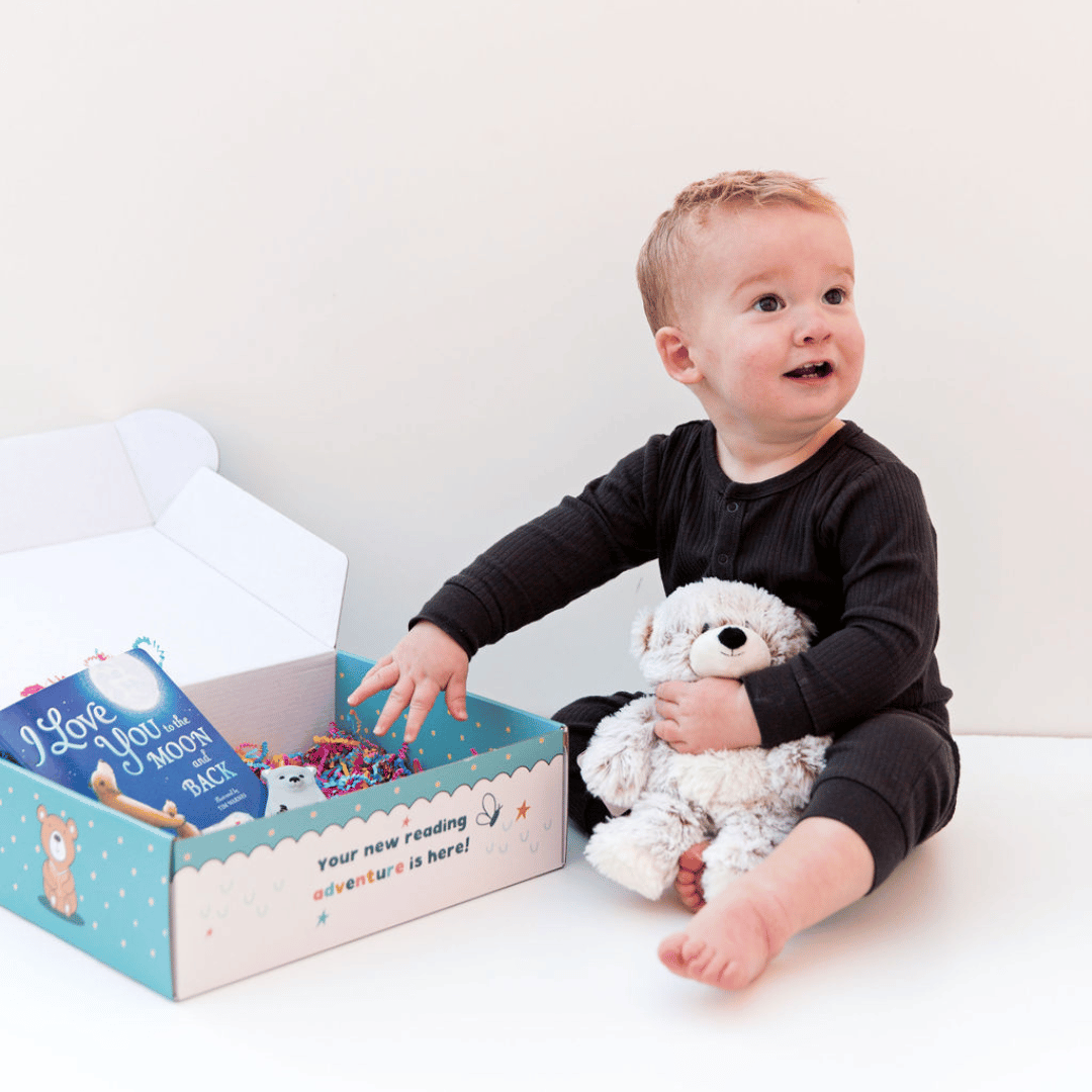 Baby Boy with Book and Bear Baby Box