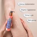 image of woman's leg and hand holding Blavana Body Lotion and lotion swatches pointing texts including: non-greasy, firmer look, brighter appearance, intense moisturisation