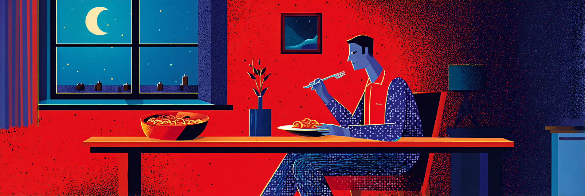 A man sitting down at a table, eating late at night, a habit that causes circadian rhythm disruptions.