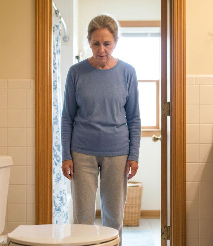 Mature woman standing in a bathroom doorway looking down toward a toilet.