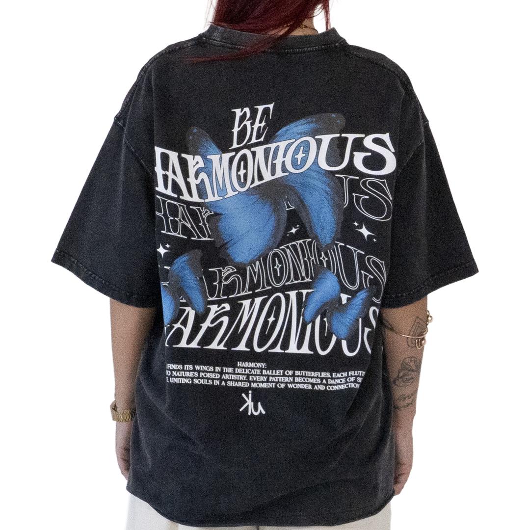 blue butterfly oversized streetwear washed black tshirt harmony