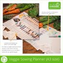 Veggie sowing planner laid out on a table with carrots and seed packets, showing colourful planting charts and a handwritten garden planning page.