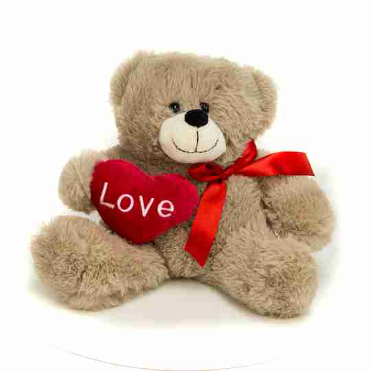 A beige bear with a red hear that says love.