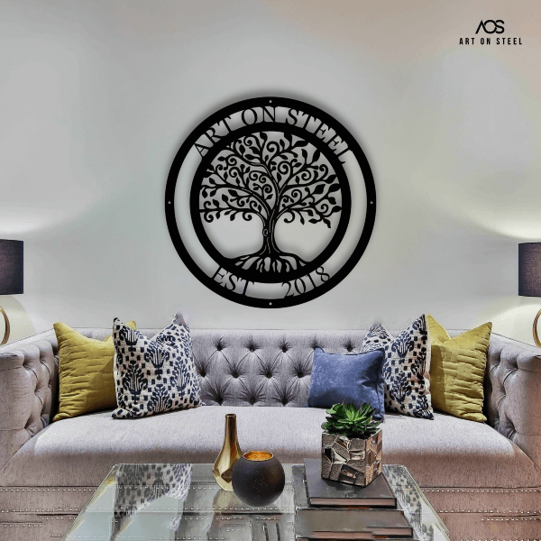 Personalized Tree of Life Metal Wall Art – Custom black steel wall décor with family name and established date, modern crafted artwork by Art on Steel, perfect for living room, home, or office décor.