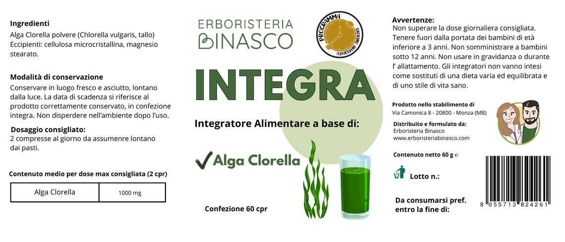Alga Clorella polvere (Chlorella vulgaris, tallo) Eccipienti: cellulosa microcristallina, magnesio stearato.