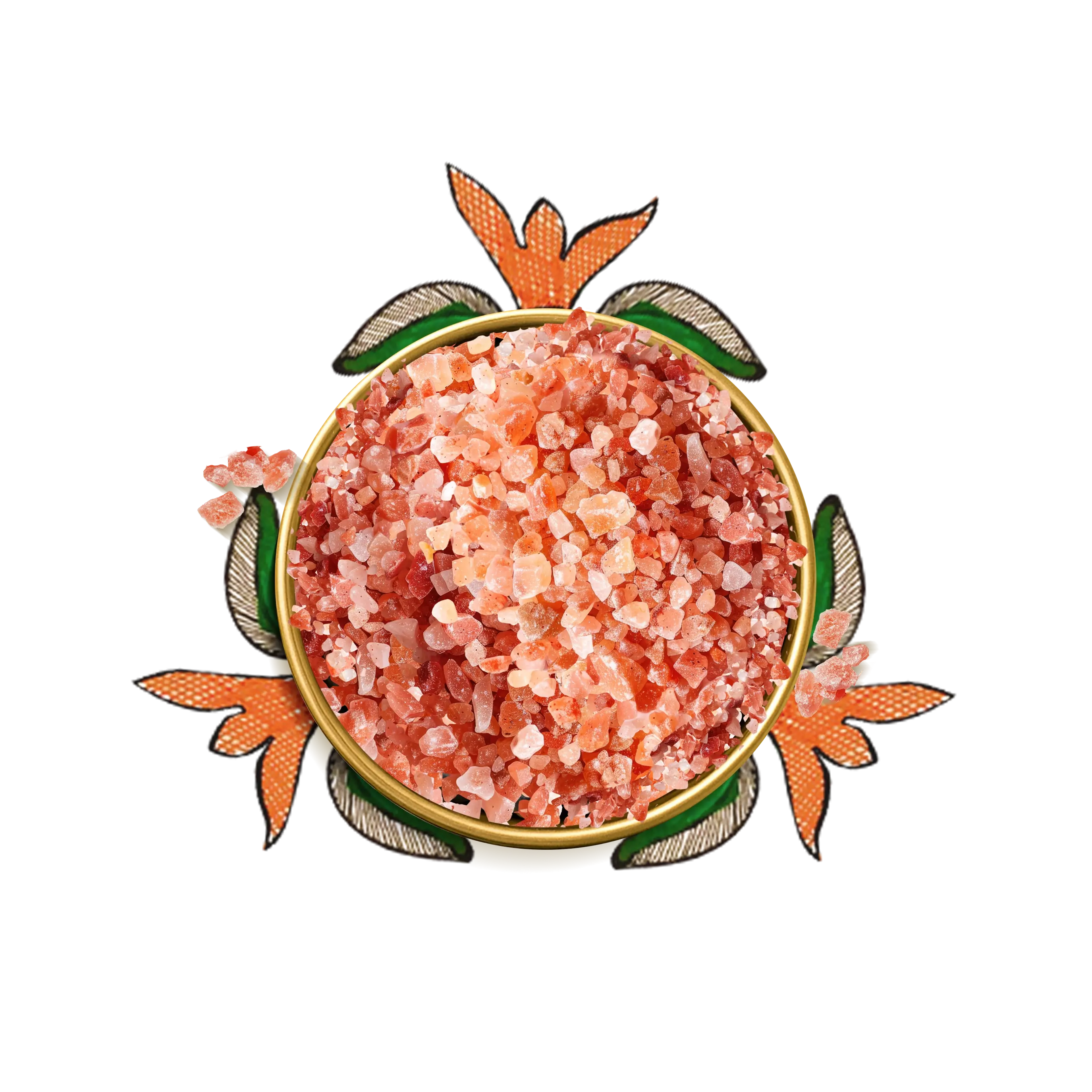 A bowl of Himalayan rock salt surrounded by floral artworks