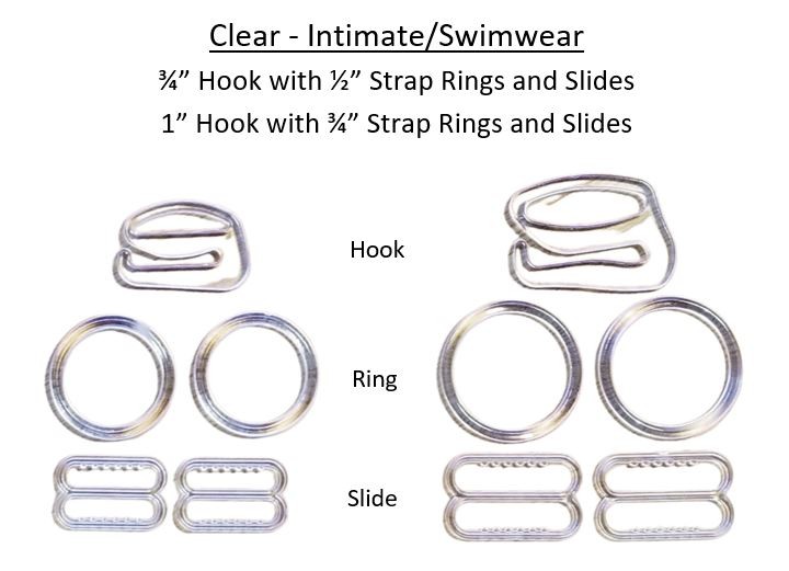 Clear Intimate/Swimwear Hooks, Rings and Slides with sizes.