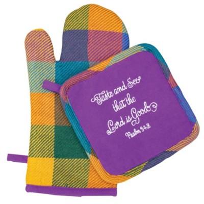 purple, teal and yellow oven mitt and hot pad says taste and see that the Lord is good