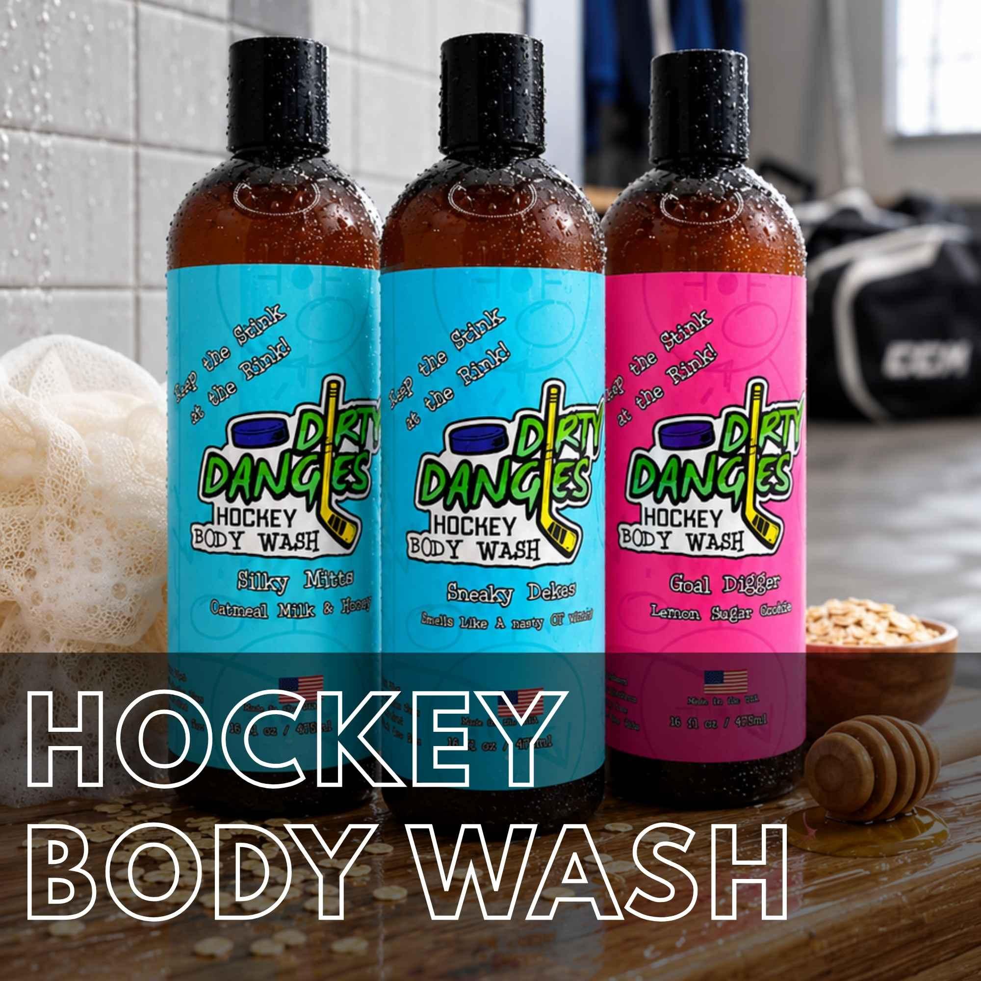 Dirty Dangles hockey body wash bottles displayed in a locker room shower setting. Hockey Body Wash