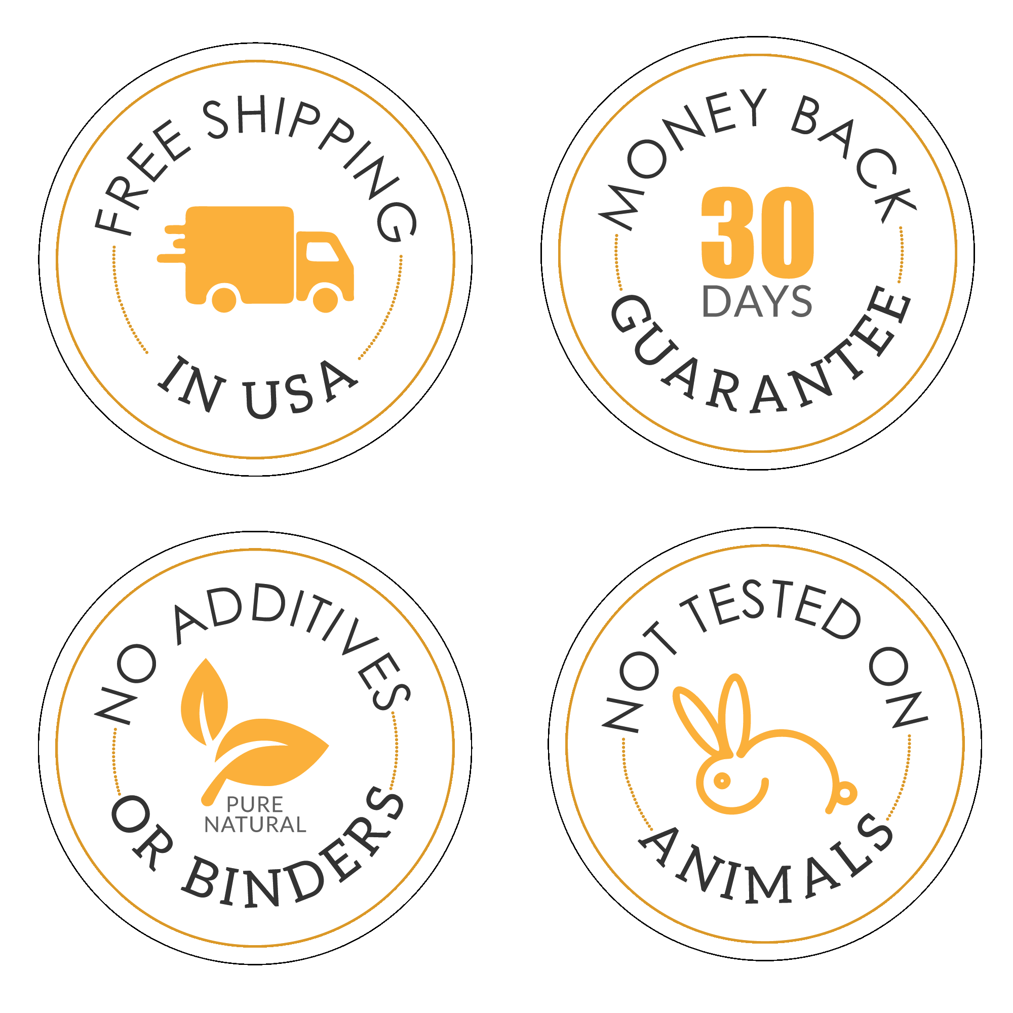 iYURA Trust Badges: 1. Free Shipping 2. 30-Day Money-back Guarantee 3. No Additives or Binders 4. Not Tested on Animals