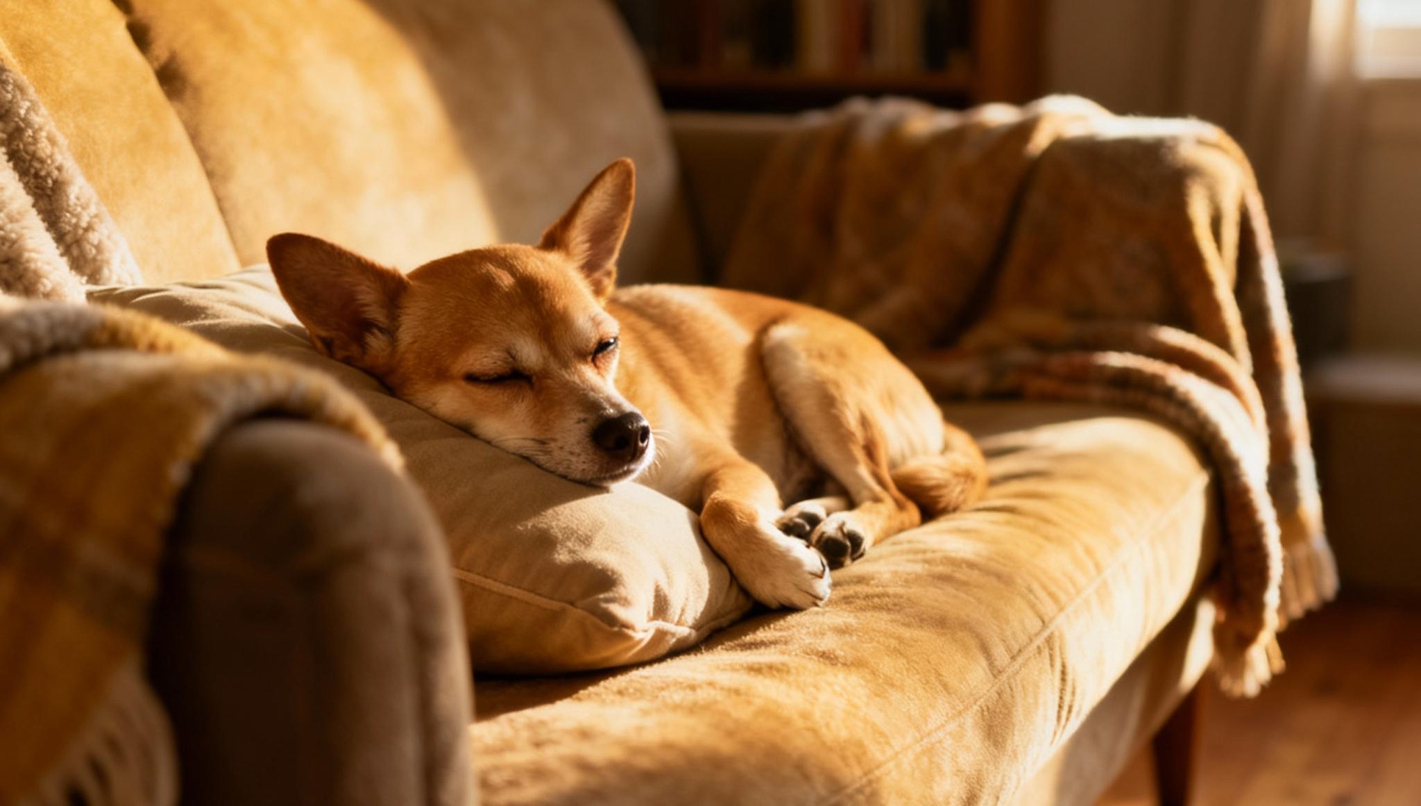 Cute golden dog laying on a bed