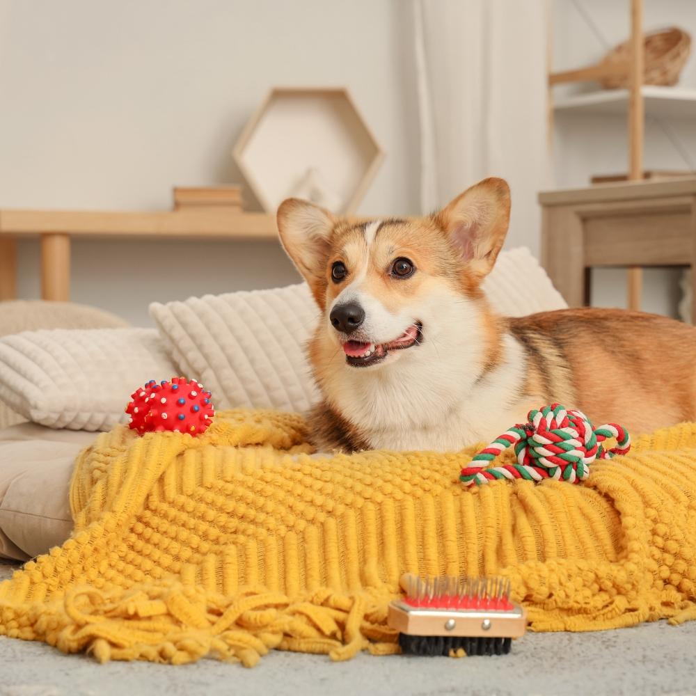 Cute Corgi dog with toys and plaid lying in pet bed at home
