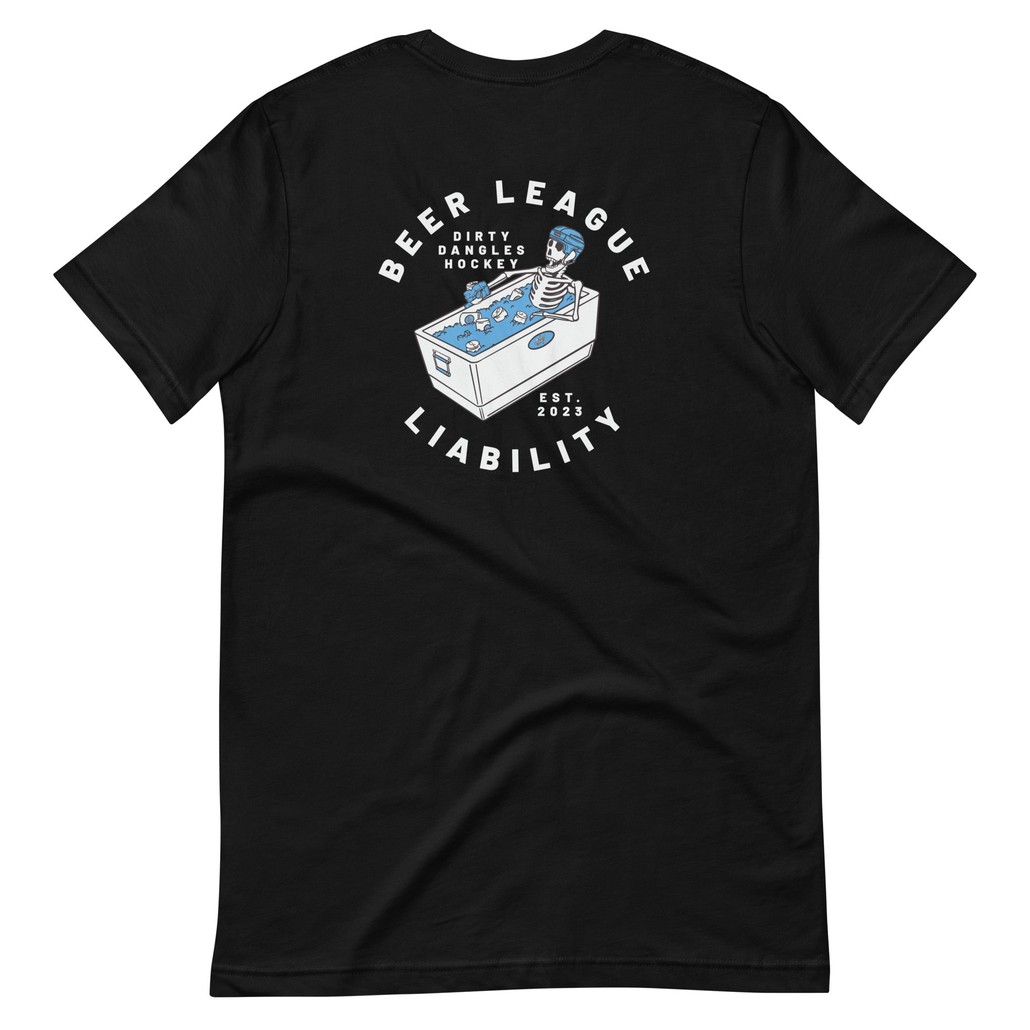 the back of a black t shirt tee with a skeleton drinking a beer while sitting in a cooler of ice. beer league liability dirty dangles hockey est 2023. white background