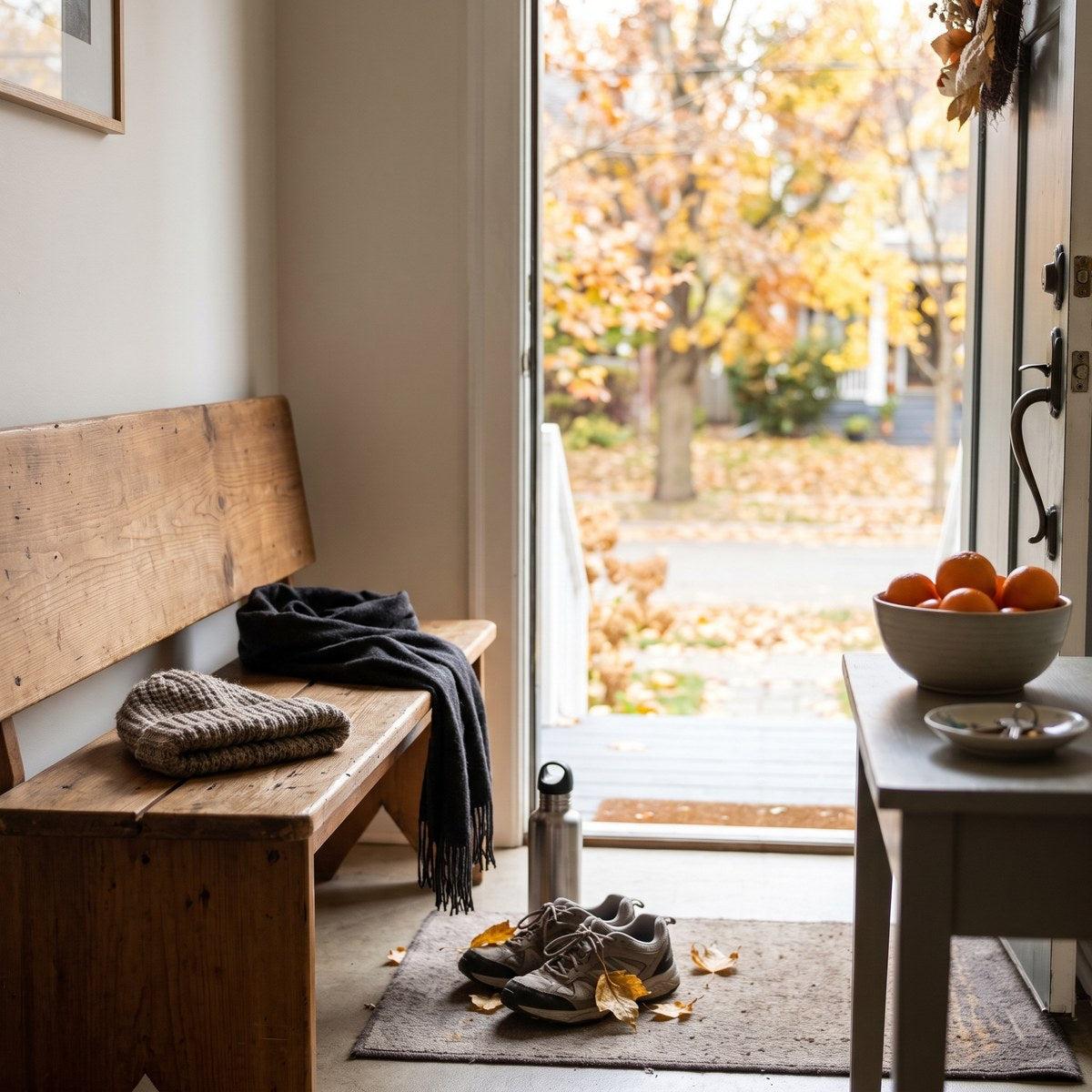 Open front door onto an autumn street, with a scarf, beanie and walking shoes by the entry bench